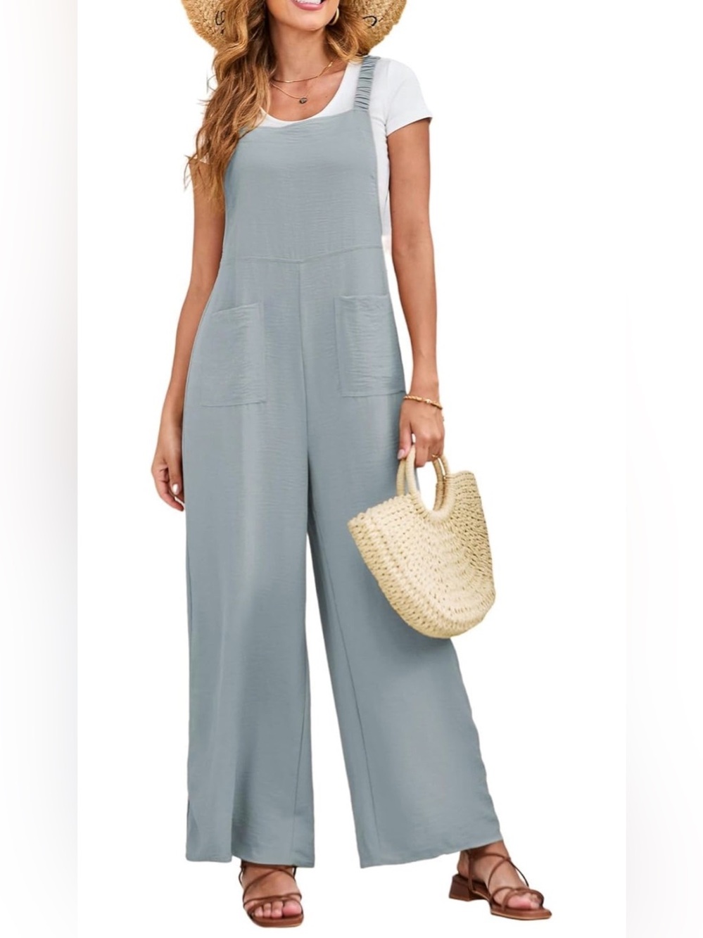 Light Blue Wide-Leg Linen-Blend Jumpsuit with Pockets